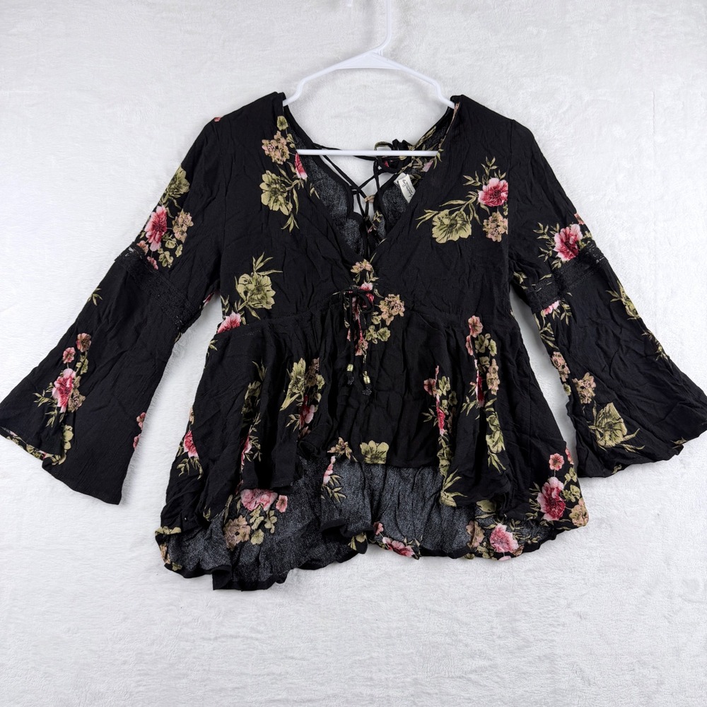 American Rag Top Floral Lace-Up Bell Sleeve Black Size M
